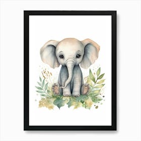 Watercolour Jungle Animal Baby Elephant 1 Art Print