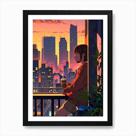 Anime Girl Sitting On Balcony At Sunset Poster