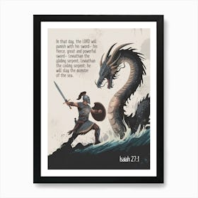 Isaiah 27:1, “In that day, the LORD will punish with his sword— his fierce, great and powerful sword— Leviathan the gliding serpent, Leviathan the coiling serpent; he will slay the monster of the sea.”, Dragon in the raging sea, Hero, God, Dragon, Snake, Satan, Christian Art, Bible Verse Art Print