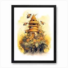 European Honey Bee Beehive Watercolour Illustration 2 Art Print