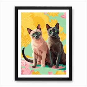 Flat Art Painting Adorable Two Burmese Cats Art Print