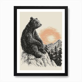 Malayan Sun Bear Looking At A Sunset From A Mountain Ink Illustration 4 Art Print