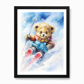 Skiing Teddy Bear Painting Watercolour 2 Art Print