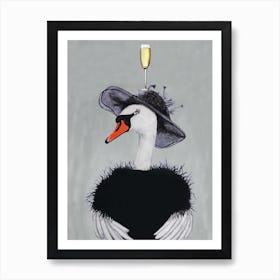 Swan With Champagne Glass Grey & Black Art Print