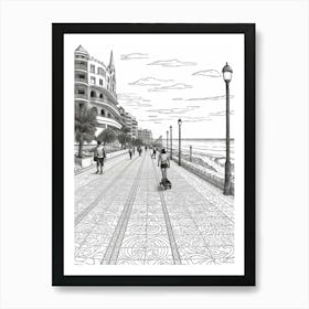 Skateboarding In Perth, Australia Line Art Black And White 1 Art Print