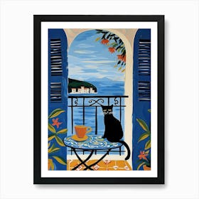 Black Cat In Amalfi Coast Blue Art Print