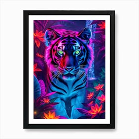 Tiger In Purple and Blue Neon Light Art Print