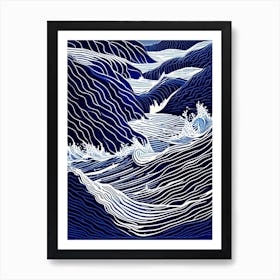 Rushing Water In Deep Blue Sea Water Waterscape Linocut 2 Art Print