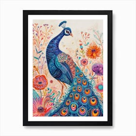 Watercolour Detailed Peacock With Wildflowers Art Print