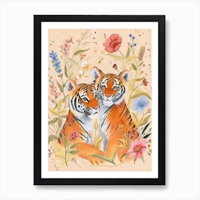 Folksy Floral Animal Drawing Tiger 7 Art Print