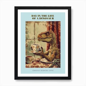 Dinosaur Drinking Coffee Retro Collage 1 Poster Art Print