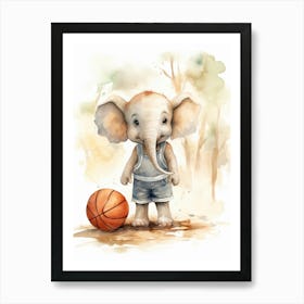 Elephant Painting Playing Basketball Watercolour 3 Art Print