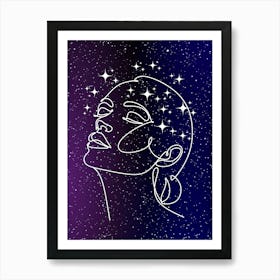Face Of A Woman With Stars line art Art Print