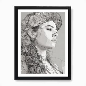 Portrait Of A Woman With Flowers Art Print