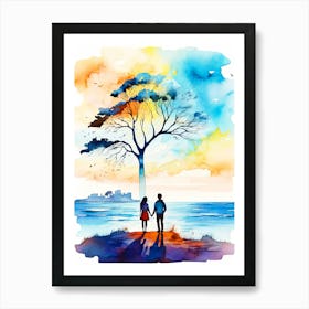 Watercolor Couple Holding Hands Under A Tree Art Print