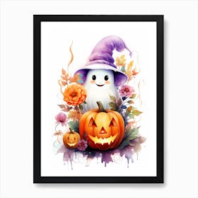 Cute Ghost With Pumpkins Halloween Watercolour 138 Art Print