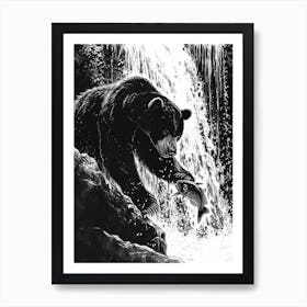 Malayan Sun Bear Catching Fish In A Waterfall Ink Illustration 1 Art Print