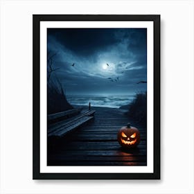 Halloween Themed Coastal Landscape During Dusk Featuring A Jack O Lantern With A Glowing Eye Perched (4) Art Print