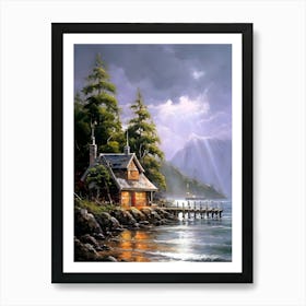 A painting of a house by a body of water, by Rolf Iseli, deviant art, romanticism, bad weather approaching, finland, qi sheng luo, near a jetty, alexey egorov, highly detailed painting of old, on an island, stunningly beautiful, hiroya oku painterly, cool looking, painitng, Art Print