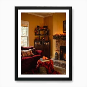 Autumn Themed Cozy Living Room Warm Golden Light Bathing The Room Soft Textures Of Plush Pillows N (2) Art Print