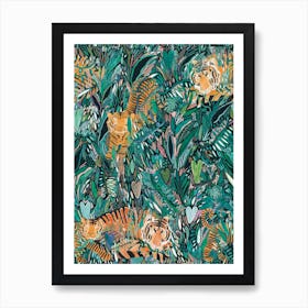 Watercolour Green Jungle With Sleeping Tigers  Art Print