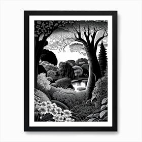 Stourhead Gardens, United Kingdom Linocut Black And White Vintage Art Print
