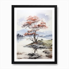 Lake Biwa In Shiga, Japanese Brush Painting, Ukiyo E, Minimal 1 Art Print