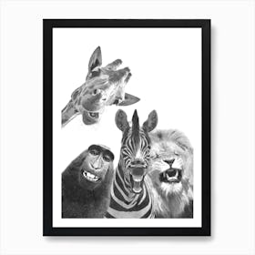Black and White Happy Jungle Animals Art Print