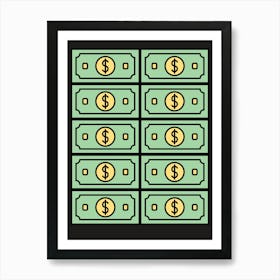 Dollar Bills On A Black Background Art Print