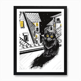 Cat On The Roof in Black and White Art Print