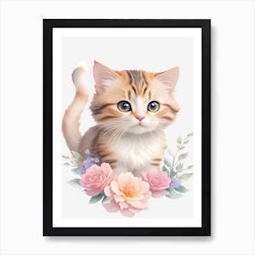 Cute Kitten With Flowers Art Print