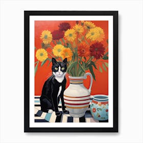 Daisy Flower Vase And A Cat, A Painting In The Style Of Matisse 1 Art Print