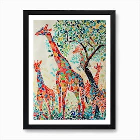 Cute Giraffe Herd Under The Trees Illustration 7 Art Print