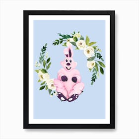 Pink Bunny And Flower Wreath Art Print