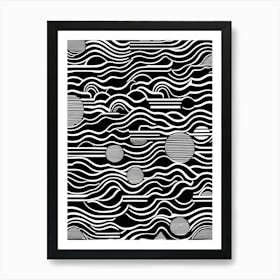 Retro Inspired Linocut Abstract Shapes Black And White Colors art, 181 Art Print