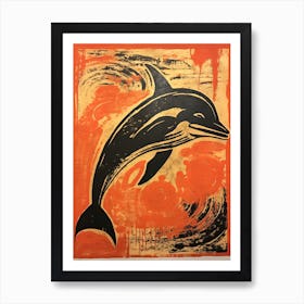 Dolphin, Woodblock Animal  Drawing 2 Art Print