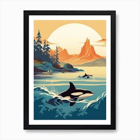 Two Orca Whales Swimming With The Sunrise Art Print