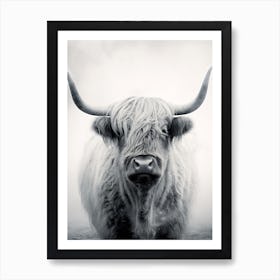 Black & White Stippling Illustration Of Highland Cow 1 Art Print