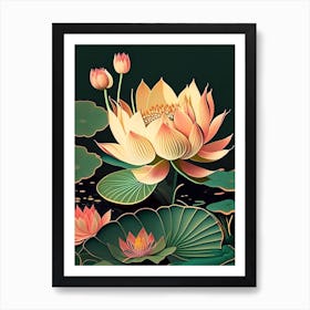 Lotus Flower In Garden Retro Illustration 3 Art Print