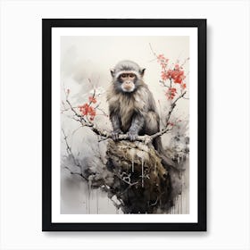 Monkey, Japanese Brush Painting, Ukiyo E, Minimal 3 Art Print