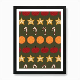 Holiday Spice Folk Art Apples, Oranges, Candy Canes, Cookies Rows on Moss Green Art Print