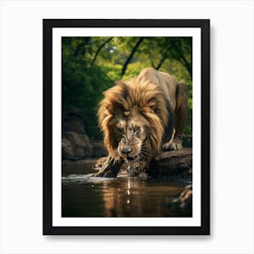 African Lion Drinking Water Realism 3 Art Print