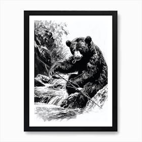 Malayan Sun Bear Fishing A Stream Ink Illustration 4 Art Print
