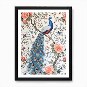 Pastel Peacock With Butterflies Vintage Wallpaper 1 Art Print