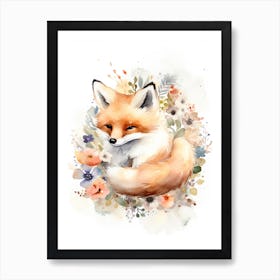 Floral Baby Fox Watercolour 1 Art Print