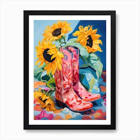 Oil Painting Of Sunflower Flowers And Cowboy Boots, Oil Style 1 Art Print