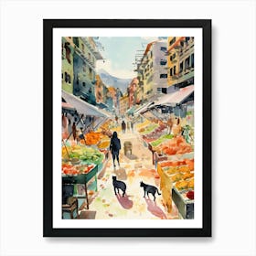 Food Market With Cats In San Francisco 2 Watercolour Art Print