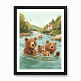 Brown Bear Family Swimming In A River Storybook Illustration 4 Art Print