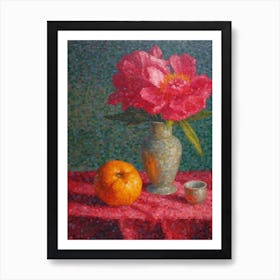 Peony With A Cat 2 Pointillism Style Art Print