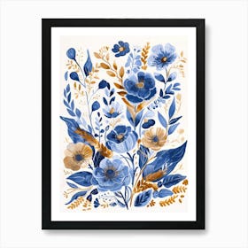 Blue And Gold Flowers 3 Art Print